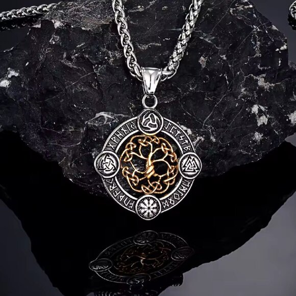 Norse Rune Tree of Life Pendant Necklace - Stainless Steel 24" #1535 - Picture 1 of 7